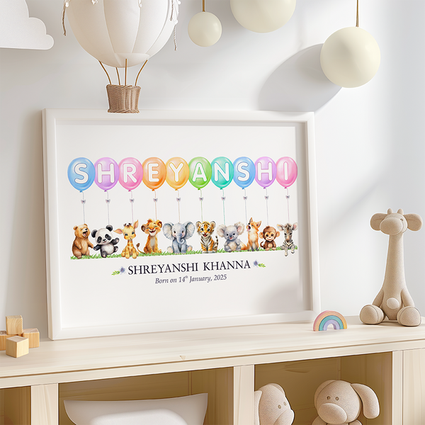 Load image into Gallery viewer, Personalized Watercolor Safari Animals Theme Name Balloon Nursery Wall Decor Art (Unframed)