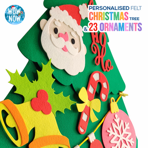 Personalized Felt Christmas Tree with 23 Colorful Ornaments + Personalized Animal Safari World Map with A3 Animal Quest Poster