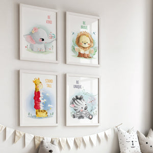 Set of 4 - Jungle Safari Animal Theme Nursery Motivational Wall Art Prints with Positive Affirmations (Framed)