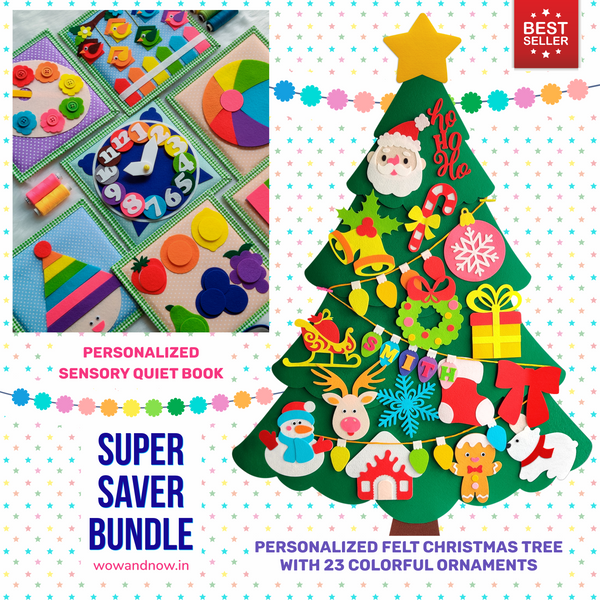 Load image into Gallery viewer, Personalized Color Pop Sensory Quiet Book + Personalized Felt Christmas Tree with 23 Colorful Ornaments