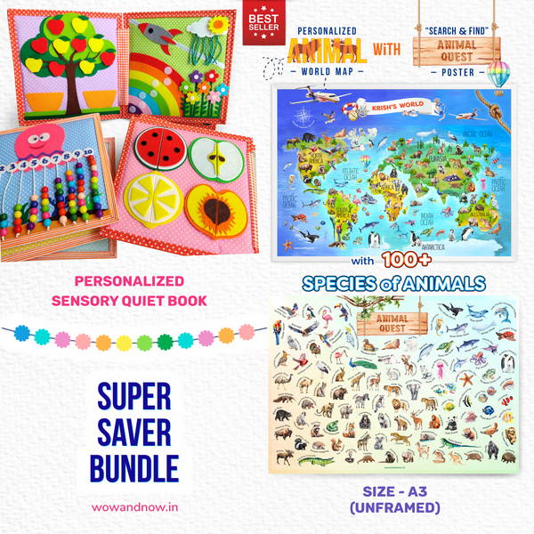 Load image into Gallery viewer, Personalized Peek-a-Boo Animal Safari Sensory Quiet Book + Personalized Animal Safari World Map with A3 Animal Quest Poster
