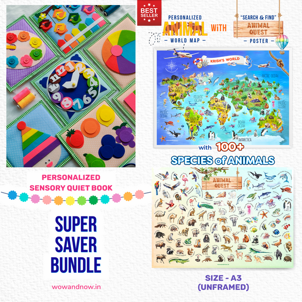 Load image into Gallery viewer, Personalized Color Pop Sensory Quiet Book + Personalized Animal Safari World Map with A3 Animal Quest Poster
