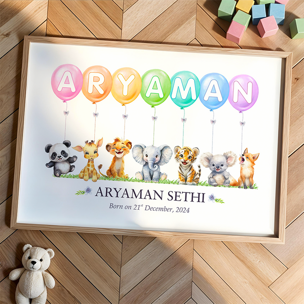 Load image into Gallery viewer, Personalized Watercolor Safari Animals Theme Name Balloon Nursery Wall Decor Art (Unframed)