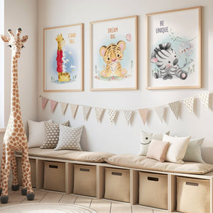 Set of 6 - Watercolor Jungle Safari Animals Nursery Wall Art Prints with Positive Affirmations (Framed)