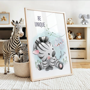 Set of 4 - Jungle Safari Animal Theme Nursery Motivational Wall Art Prints with Positive Affirmations (Framed)