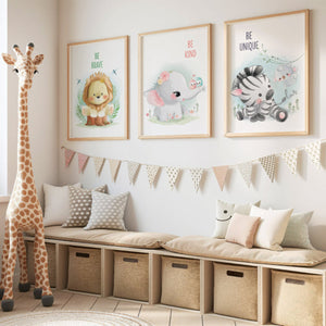 Set of 3 - Watercolor Jungle Safari Animals Nursery Wall Art Prints with Positive Affirmations (Framed)