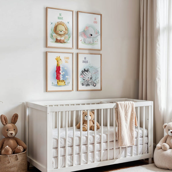 Load image into Gallery viewer, Set of 4 - Jungle Safari Animal Theme Nursery Motivational Wall Art Prints with Positive Affirmations (Framed)