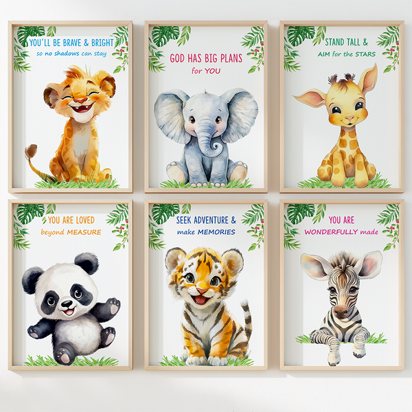 Load image into Gallery viewer, Set of 6 Watercolor Baby Safari Animals Nursery Decor Wall Art Prints | Jungle Animals Kids Room Wall Art Prints (Unframed)
