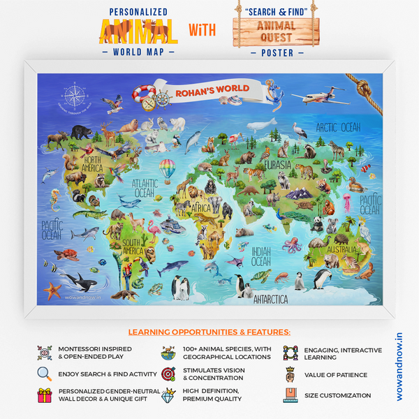 Load image into Gallery viewer, Personalized Peek-a-Boo Animal Safari Sensory Quiet Book + Personalized Animal Safari World Map with A3 Animal Quest Poster