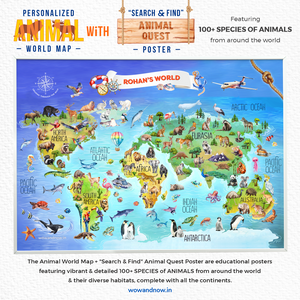 Personalized Animal World Map Wall Art with The Animal Quest Poster