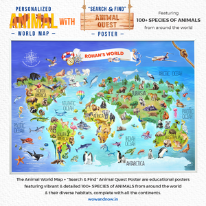 Personalized Peek-a-Boo Animal Safari Sensory Quiet Book + Personalized Animal Safari World Map with A3 Animal Quest Poster