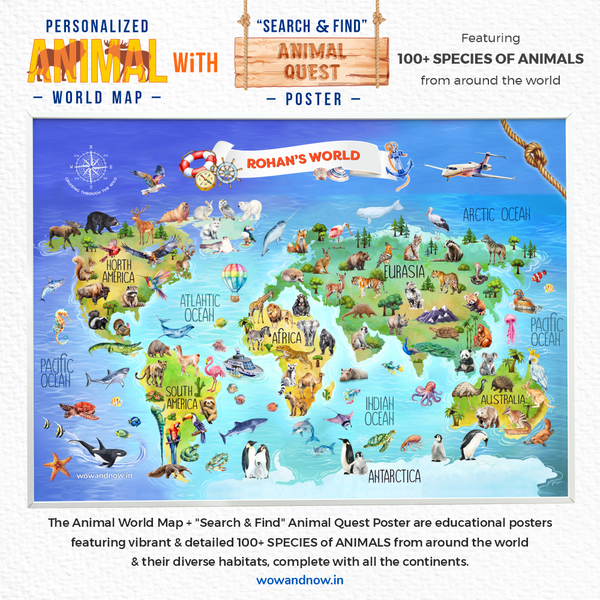 Load image into Gallery viewer, Personalized Peek-a-Boo Animal Safari Sensory Quiet Book + Personalized Animal Safari World Map with A3 Animal Quest Poster