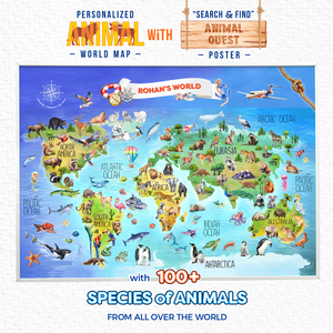 Personalized Peek-a-Boo Animal Safari Sensory Quiet Book + Personalized Animal Safari World Map with A3 Animal Quest Poster