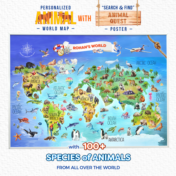 Load image into Gallery viewer, Personalized Peek-a-Boo Animal Safari Sensory Quiet Book + Personalized Animal Safari World Map with A3 Animal Quest Poster