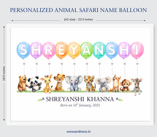 Load image into Gallery viewer, Personalized Watercolor Safari Animals Theme Name Balloon Nursery Wall Decor Art (Unframed)