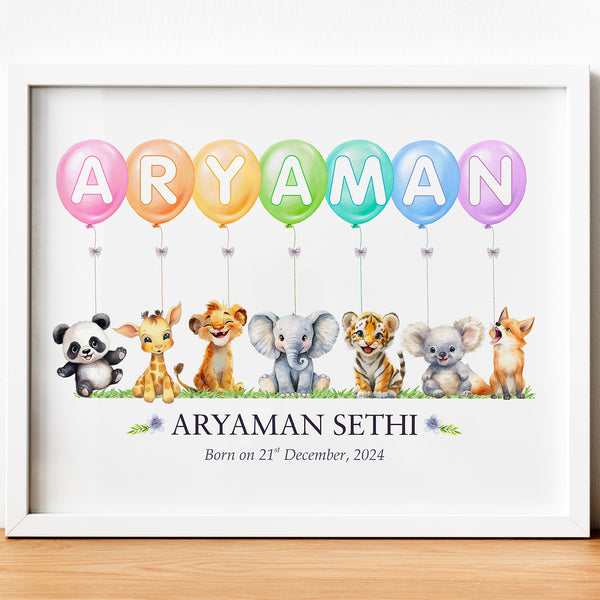 Load image into Gallery viewer, Personalized Watercolor Safari Animals Theme Name Balloon Nursery Wall Decor Art (Unframed)