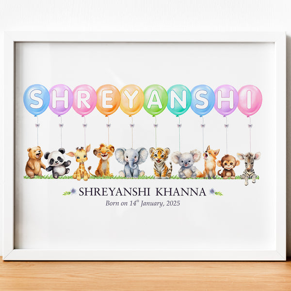 Load image into Gallery viewer, Personalized Watercolor Safari Animals Theme Name Balloon Nursery Wall Decor Art (Unframed)