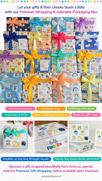 Load image into Gallery viewer, Premium gift wrapping and packaging for kids Montessori toys, books and return gifts with cute printed wrapping paper, polka dot satin ribbon bows, and personalized gift tags. Perfect for baby showers, birthdays, and kids party favors