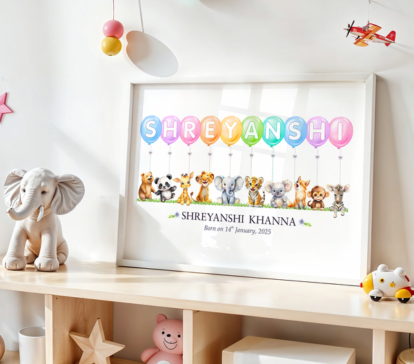 Load image into Gallery viewer, Personalized Watercolor Safari Animals Theme Name Balloon Nursery Wall Decor Art (Unframed)