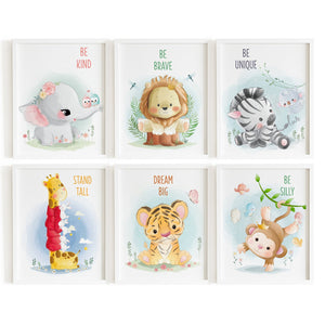 Set of 6 - Watercolor Jungle Safari Animals Nursery Wall Art Prints with Positive Affirmations (Framed)
