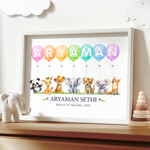 Personalized Watercolor Safari Animals Theme Name Balloon Nursery Wall Decor Art (Unframed)