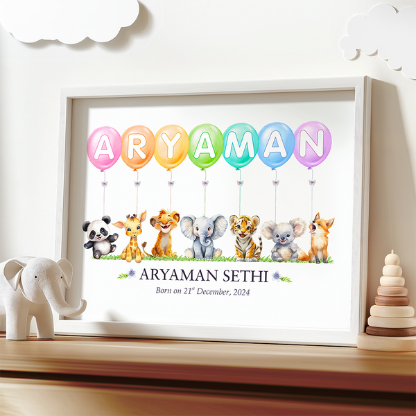 Load image into Gallery viewer, Personalized Watercolor Safari Animals Theme Name Balloon Nursery Wall Decor Art (Unframed)