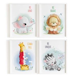 Set of 4 - Jungle Safari Animal Theme Nursery Motivational Wall Art Prints with Positive Affirmations (Framed)