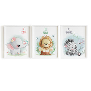 Set of 3 - Watercolor Jungle Safari Animals Nursery Wall Art Prints with Positive Affirmations (Framed)