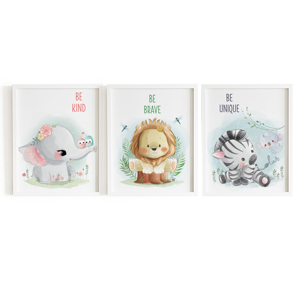 Load image into Gallery viewer, Set of 3 - Watercolor Jungle Safari Animals Nursery Wall Art Prints with Positive Affirmations (Framed)
