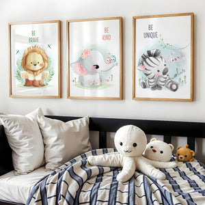 Set of 6 - Watercolor Jungle Safari Animals Nursery Wall Art Prints with Positive Affirmations (Framed)