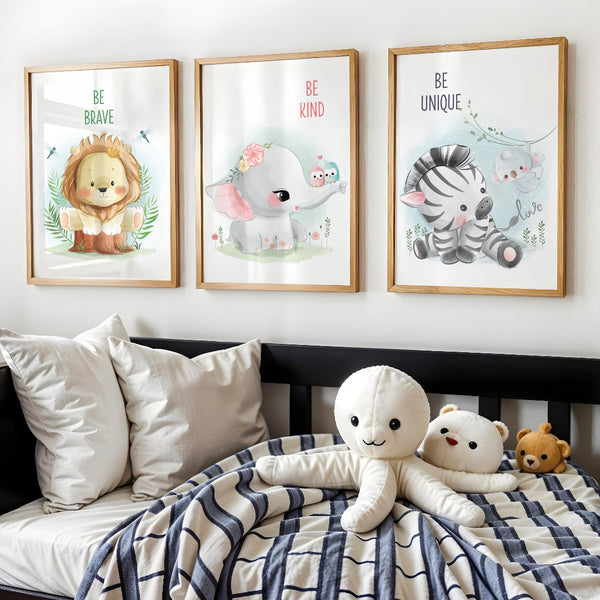 Load image into Gallery viewer, Set of 3 - Watercolor Jungle Safari Animals Nursery Wall Art Prints with Positive Affirmations (Framed)