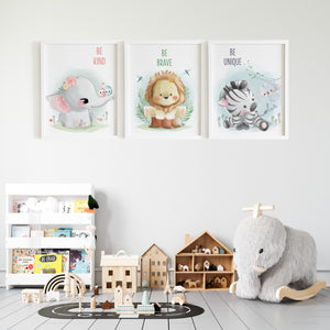 Set of 3 - Watercolor Jungle Safari Animals Nursery Wall Art Prints with Positive Affirmations (Framed)