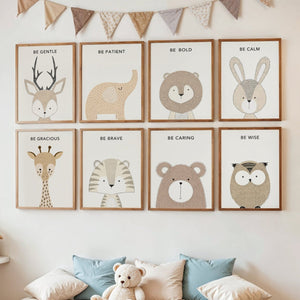 neutral scandinavian baby room decor with animal art