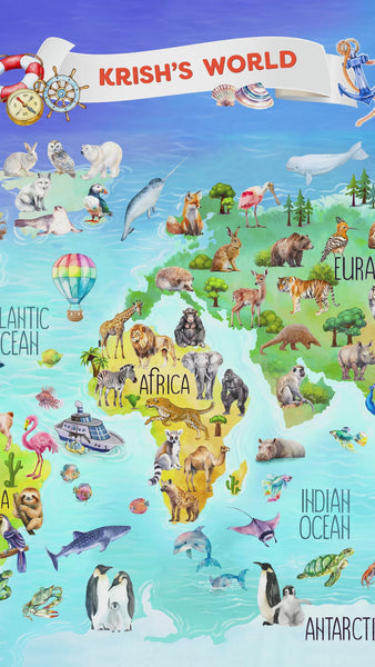 Load and play video in Gallery viewer, Personalized Animal World Map Wall Art with The Animal Quest Poster
