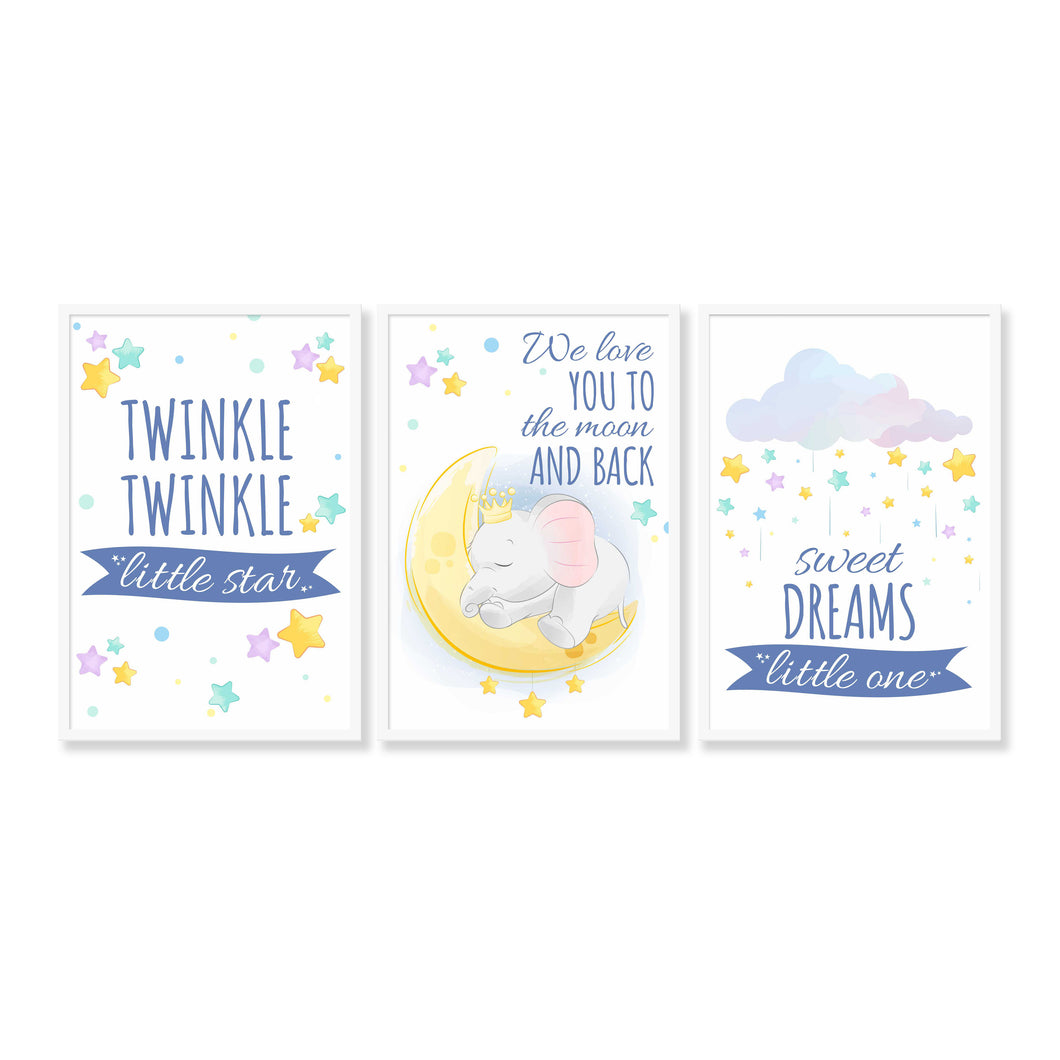Set of 3 Star Prints - Twinkle Twinkle Little Star (Blue) - Framed