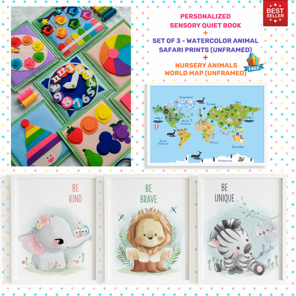 Load image into Gallery viewer, Personalized Color Pop Sensory Quiet Book + UNFRAMED - Set of 3 Watercolor Nursery Animals Safari Prints