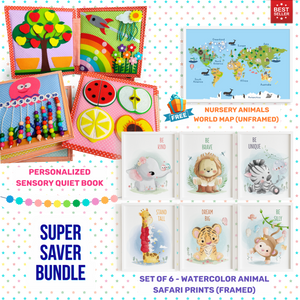 Personalized Animal Safari Sensory Quiet Book + FRAMED - Set of 6 Watercolor Nursery Animals Safari Prints