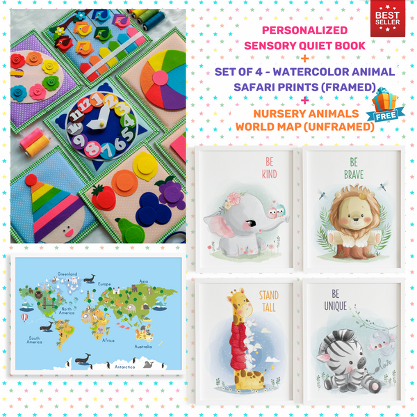 Load image into Gallery viewer, Personalized Color Pop Sensory Quiet Book + FRAMED - Set of 4 Watercolor Nursery Animals Safari Prints