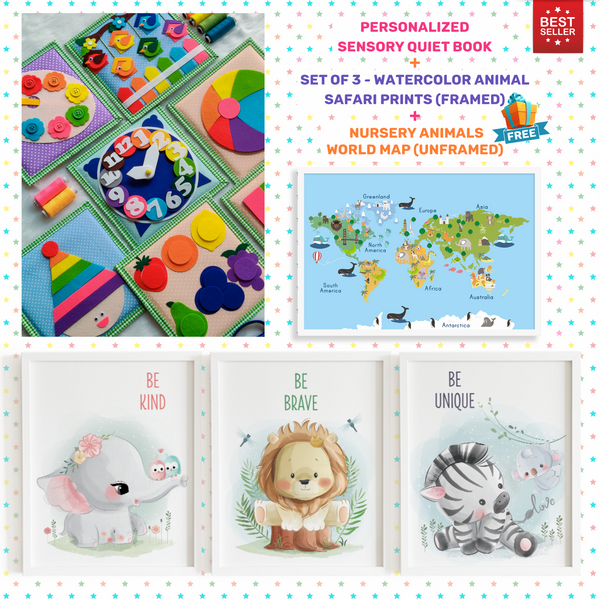 Load image into Gallery viewer, Personalized Color Pop Sensory Quiet Book + FRAMED - Set of 3 Watercolor Nursery Animals Safari Prints