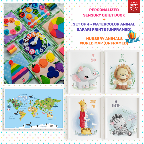 Load image into Gallery viewer, Personalized Color Pop Sensory Quiet Book + UNFRAMED - Set of 4 Watercolor Nursery Animal Safari Prints
