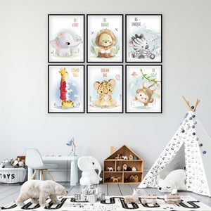 Set of 6 - Watercolor Jungle Safari Animals Nursery Wall Art Prints with Positive Affirmations (Framed)