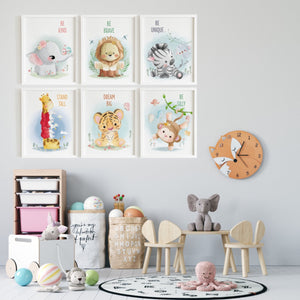 Set of 6 - Watercolor Jungle Safari Animals Nursery Wall Art Prints with Positive Affirmations (Framed)