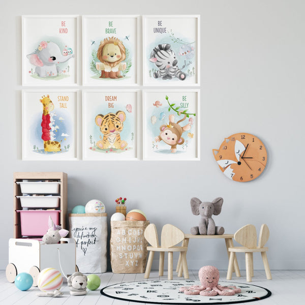 Load image into Gallery viewer, Set of 6 - Watercolor Jungle Safari Animals Nursery Wall Art Prints with Positive Affirmations (Framed)