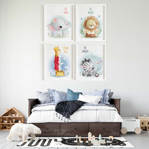 Children's bedroom with framed animal posters on the wall