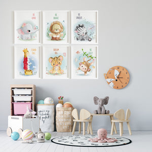 Set of 6 - Watercolor Nursery Safari Animals Prints (Unframed)