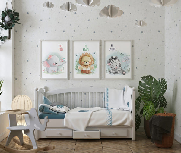 Load image into Gallery viewer, Personalized Color Pop Sensory Quiet Book + UNFRAMED - Set of 3 Watercolor Nursery Animals Safari Prints