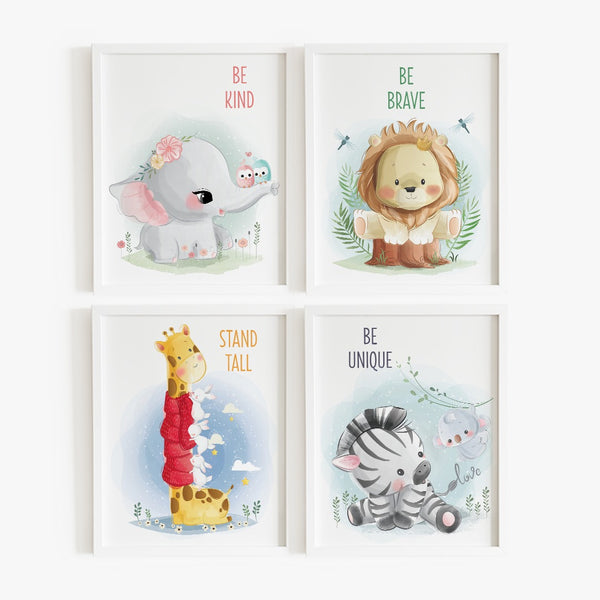 Load image into Gallery viewer, Personalized Peek-a-Boo Safari Animal Sensory Quiet Book + UNFRAMED - Set of 4 Watercolor Nursery Animal Safari Prints