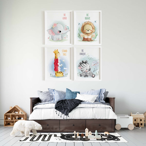 Load image into Gallery viewer, Personalized Peek-a-Boo Animal Safari Sensory Quiet Book + FRAMED - Set of 4 Watercolor Nursery Animals Safari Prints