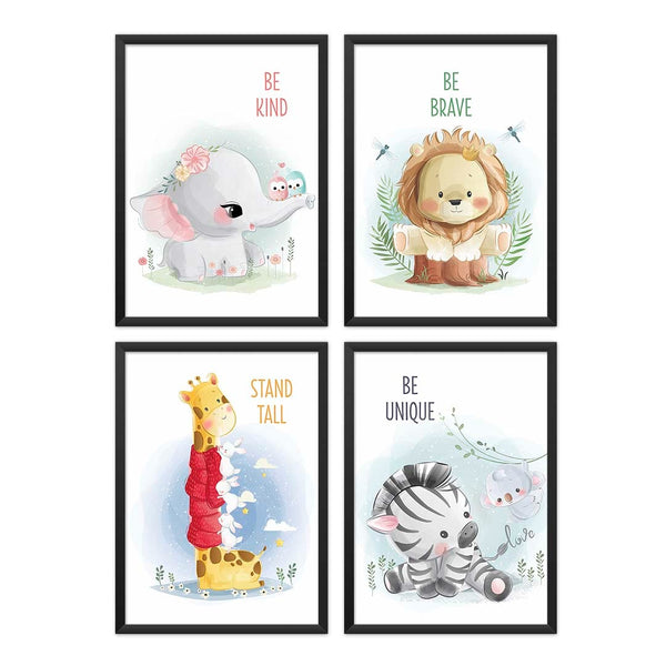 Load image into Gallery viewer, Set of 4 - Watercolor Nursery Safari Animals Prints (Framed)
