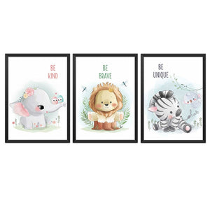 Set of 3 - Watercolor Jungle Safari Animals Nursery Wall Art Prints with Positive Affirmations (Framed)